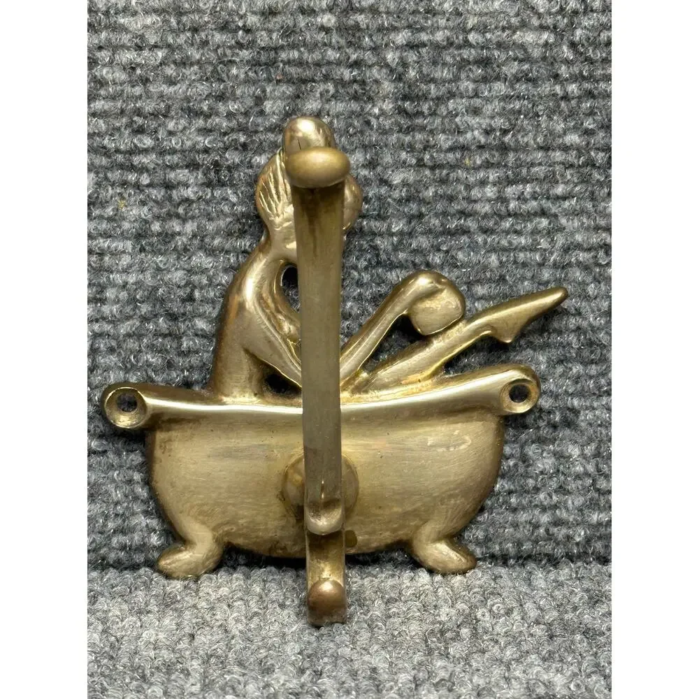Vintage 70s brass shower hook woman bathing Rosenthal Taiwan 4x4 bath tub soak